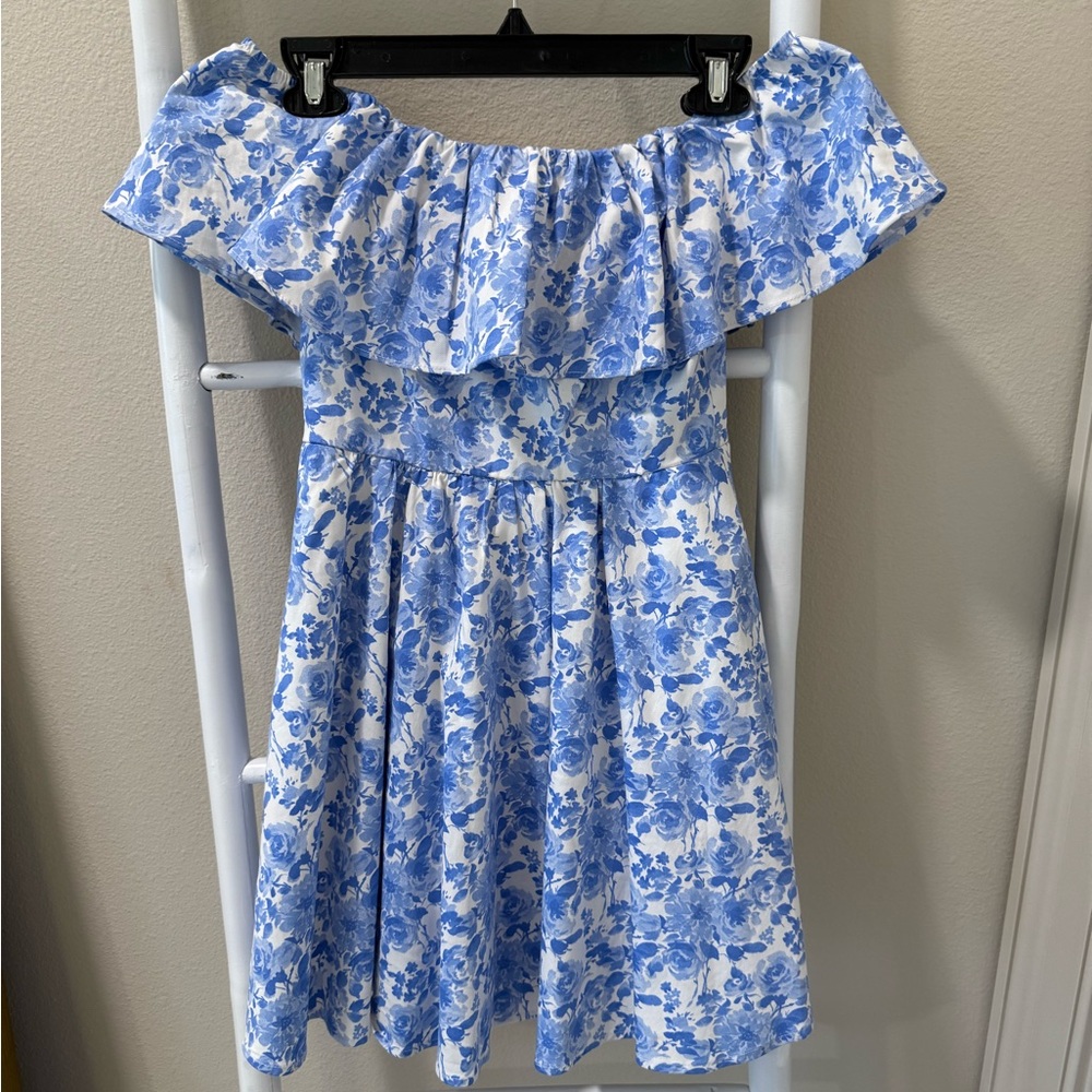 Altar’d State Floral Blue and White Off-Shoulder Dress